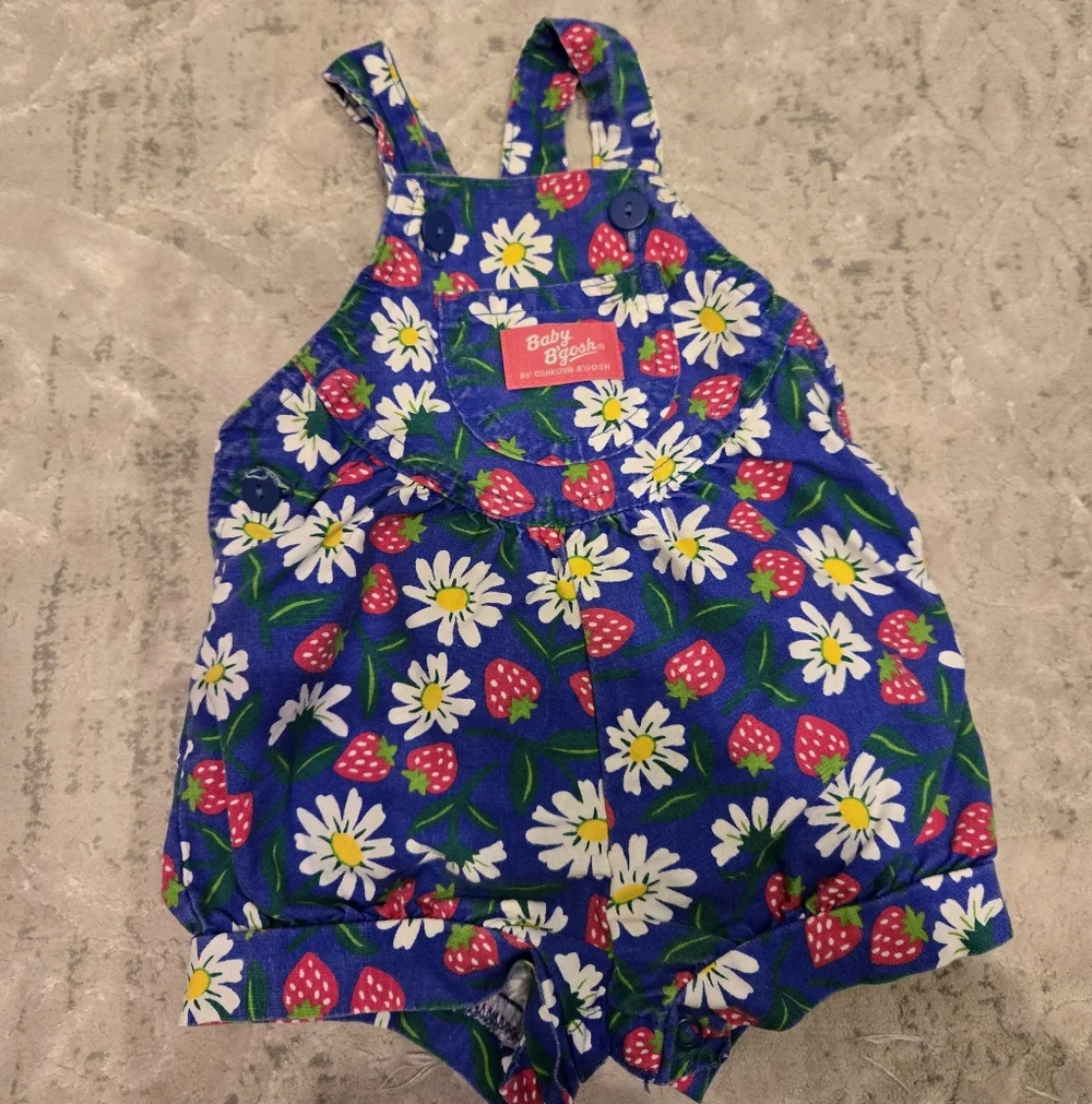 OshKosh B'gosh Vintage 1990s Blue Strawberry Print Floral Onesie Overalls